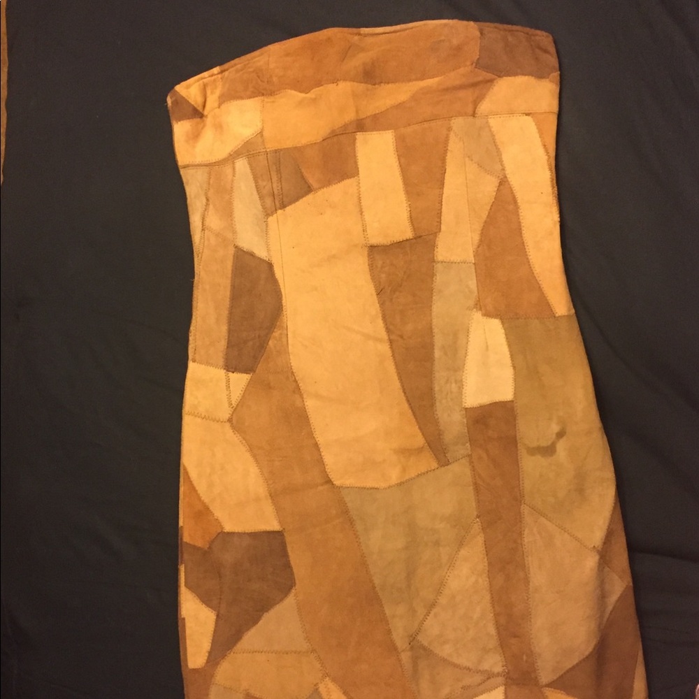 Suede Multicolor Brown Patchwork Strapless Dress - image 1
